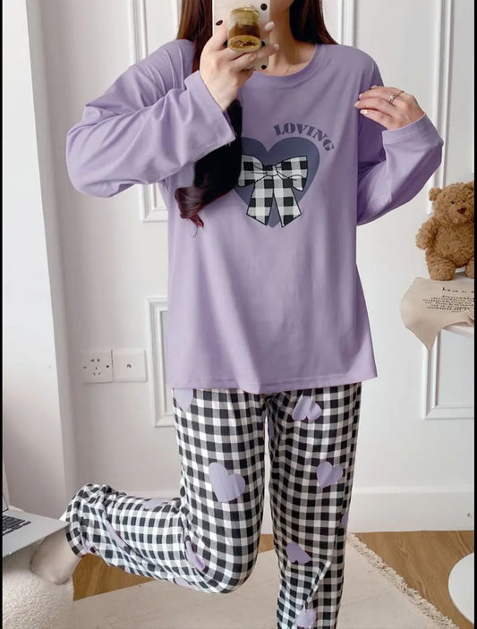 Lilac Loving Heart Printed Full Sleeves Pjs