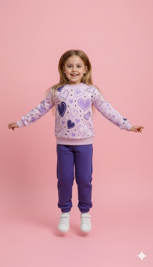 Lilac All Over Heart Printed Kids Track Suit