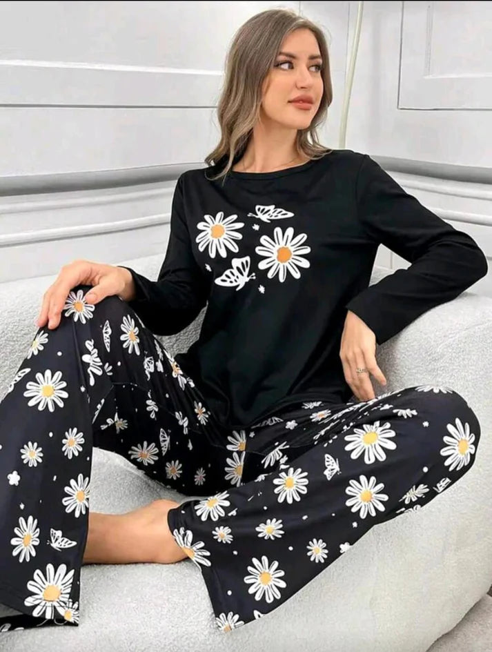 Black Sun flowers Printed Full Sleeves Night Suit