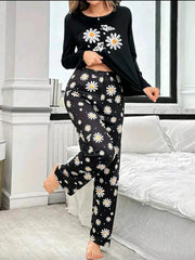 Black Sun flowers Printed Full Sleeves Night Suit