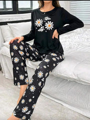 Black Sun flowers Printed Full Sleeves Night Suit