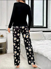 Black Sun flowers Printed Full Sleeves Night Suit