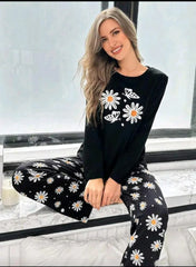 Black Sun flowers Printed Full Sleeves Night Suit