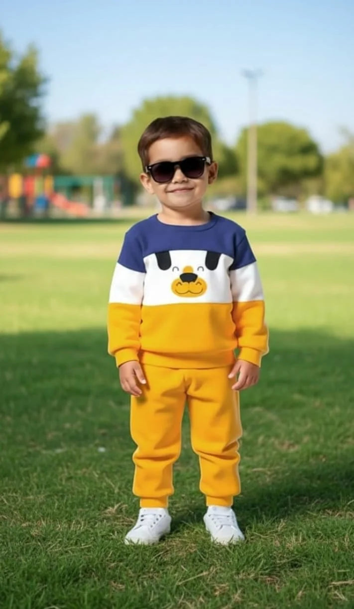 Yellow and Blue Cartoon Printed Kids Track Suit