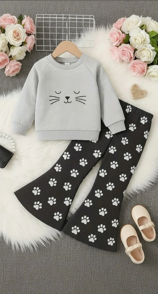 Grey Sleepy Cat with Foot Printed Kids track suit