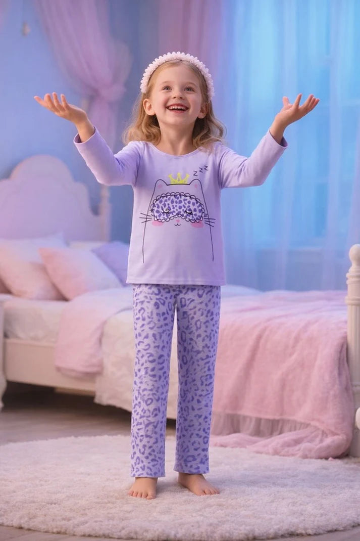 Lilac Sleeping Cat Printed T-shirt With Cheetah Print Trouser Kids Night Suit