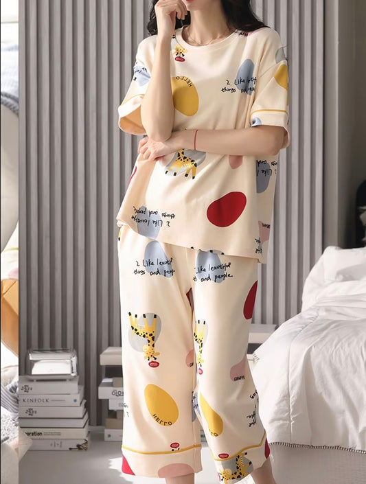 Off White Colour Block Printed Half Sleeves Night Suit