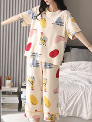 Off White Colour Block Printed Half Sleeves Night Suit