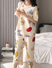 Off White Colour Block Printed Half Sleeves Night Suit