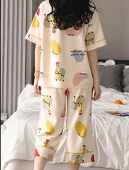 Off White Colour Block Printed Half Sleeves Night Suit