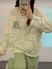 Olive Green Cute Dinosaur Print Full Sleeves Night Suit