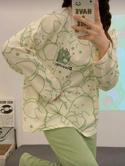 Olive Green Cute Dinosaur Print Full Sleeves Night Suit