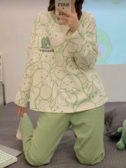 Olive Green Cute Dinosaur Print Full Sleeves Night Suit