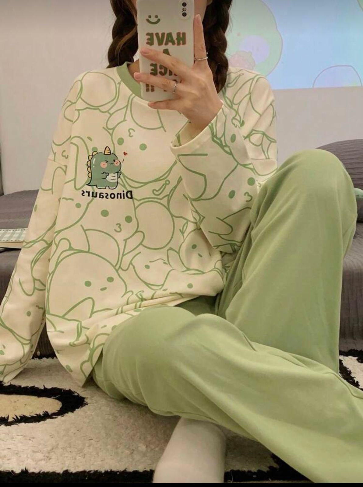 Olive Green Cute Dinosaur Print Full Sleeves Night Suit