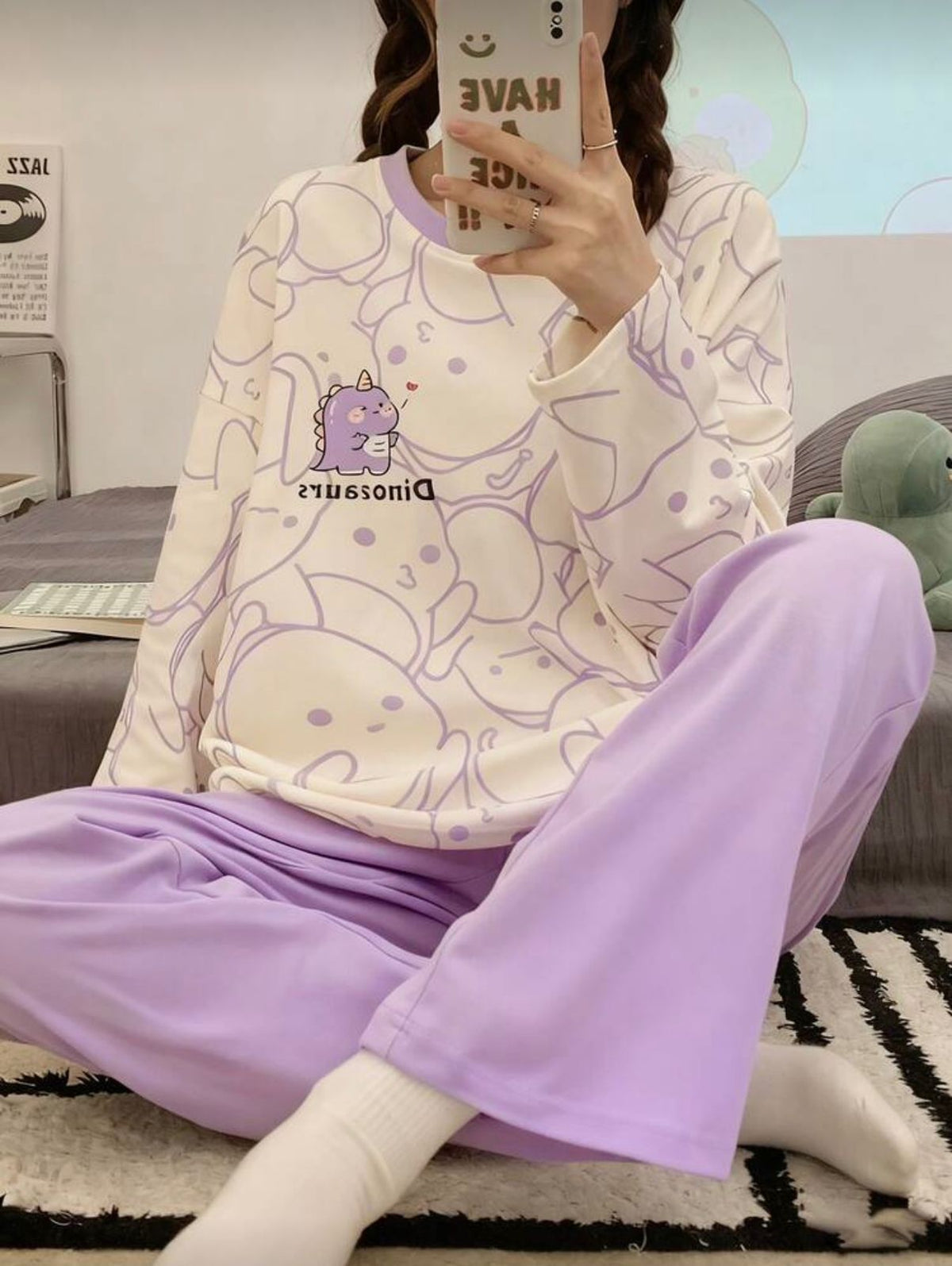 Lilac Cute Dinosaur Print Full sleeves Night Suit