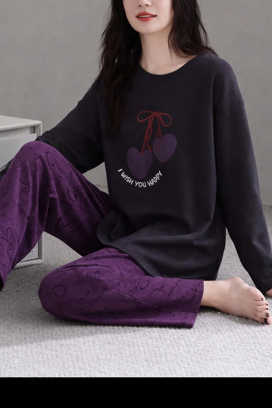 Black Wish You Happy Printed With Purple Printed Trouser