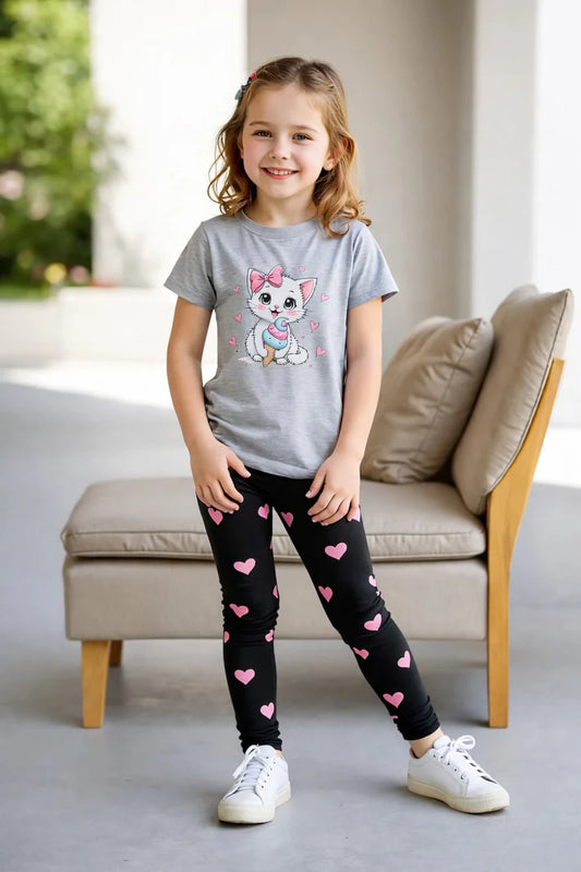 Grey Cute Cat printed T.shirt with black hearts printed pajama kids night suit