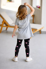 Grey Cute Cat printed T.shirt with black hearts printed pajama kids night suit