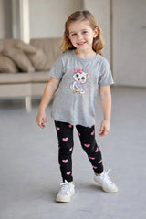 Grey Cute Cat printed T.shirt with black hearts printed pajama kids night suit