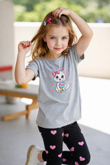Grey Cute Cat printed T.shirt with black hearts printed pajama kids night suit