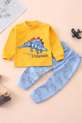 Yellow with Blue Dinosour Printed Kids Night Suit