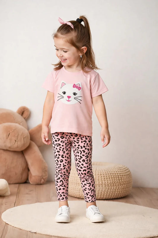 Baby pink kitty with bow printed T shirt with pink cheetha printed pajama kids