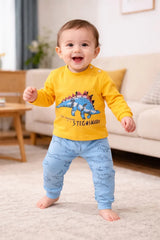 Yellow with Blue Dinosour Printed Kids Night Suit