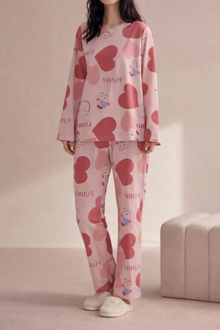 Pink All Over Big Heart Printed Night Suit