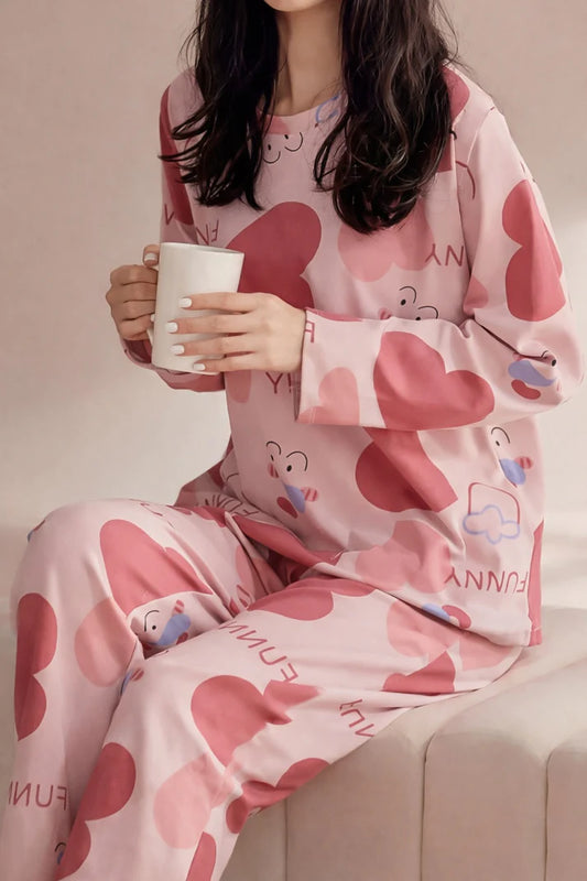 Pink All Over Big Heart Printed Night Suit
