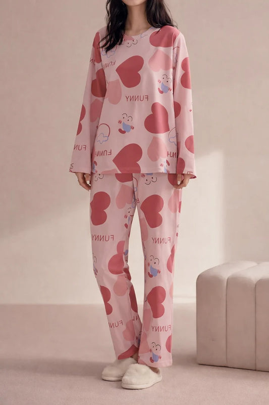 Pink All Over Big Heart Printed Night Suit