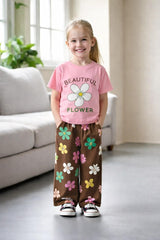 Baby Pink Beautiful Flower Printed Half Sleeves T-shirt with Brown Multi Flower Printed Pajama Kids Suits