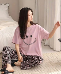 Peach Smile Print With Linning Trouser Printed Night Suit