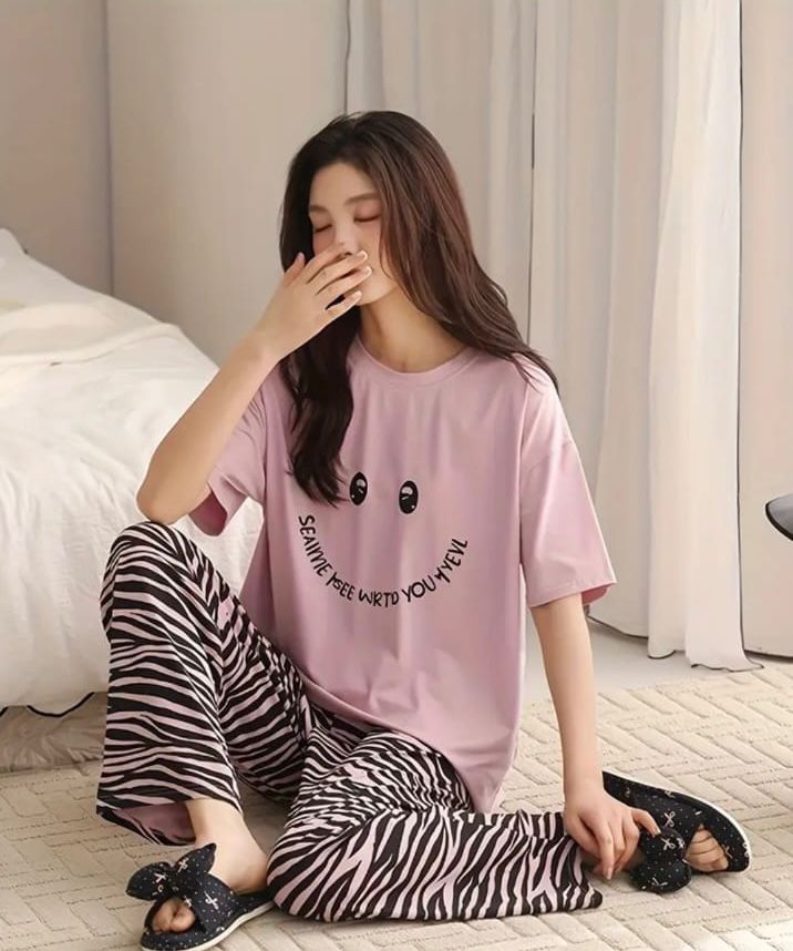 Peach Smile Print With Linning Trouser Printed Night Suit