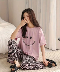 Peach Smile Print With Linning Trouser Printed Night Suit