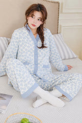 Sky Blue V-Neck Button Printed Pjs
