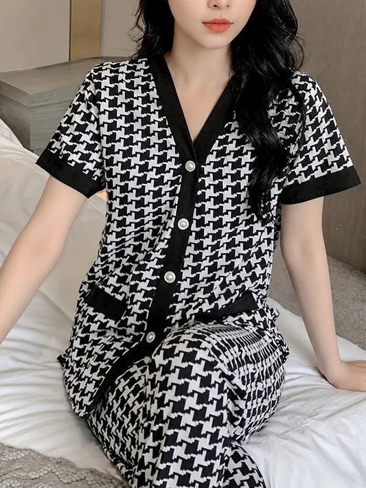 Black And White Small Check Printed V Neck Button Pjs