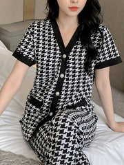 Black And White Small Check Printed V Neck Button Pjs