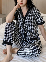 Black And White Small Check Printed V Neck Button Pjs
