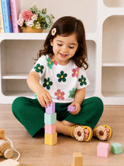 Off white Green Flower Printed Half Sleeves Kids Suit