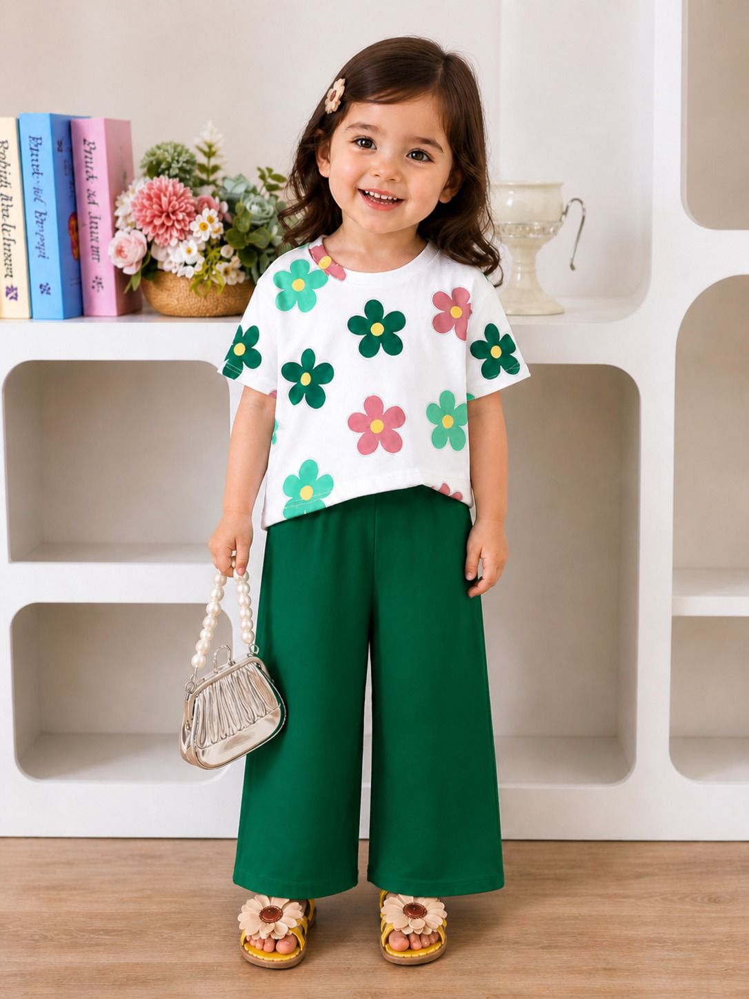 Off white Green Flower Printed Half Sleeves Kids Suit