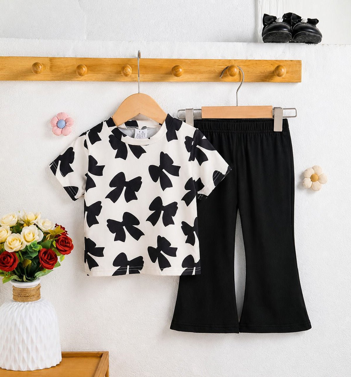 Off white Black Bow Printed Half Sleeves Kids Suit