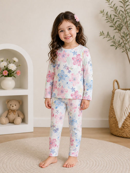Off white Big Flowers Printed Full Sleeves Kids Suit