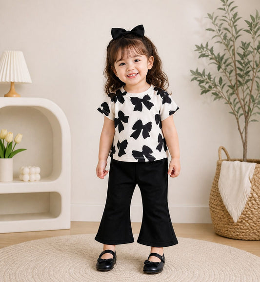 Off white Black Bow Printed Half Sleeves Kids Suit