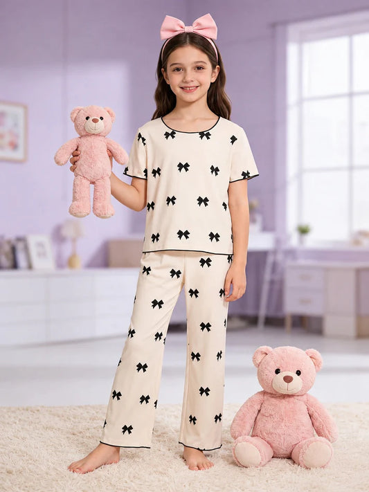 White With Black Bow Printed Kids Suit