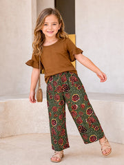 Brown Plain Frill Half Sleeves Shirt With Floral Printed Trouser Kids Suit