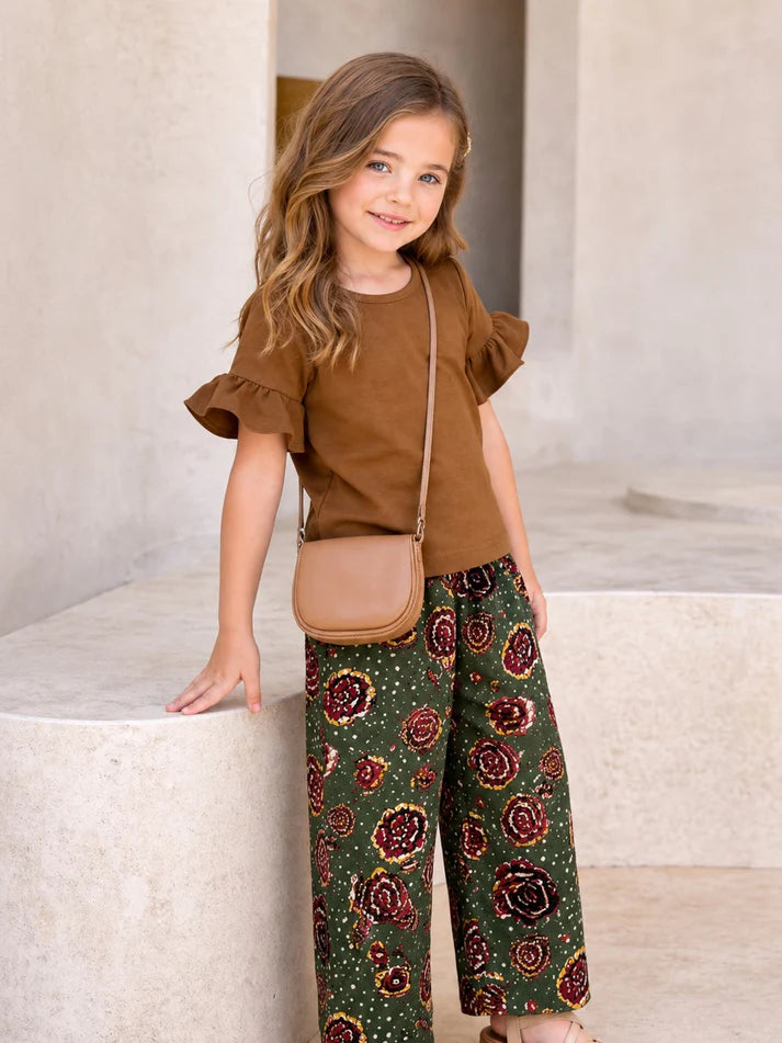 Brown Plain Frill Half Sleeves Shirt With Floral Printed Trouser Kids Suit