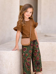 Brown Plain Frill Half Sleeves Shirt With Floral Printed Trouser Kids Suit