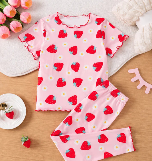 Pink Strawberry Printed Kids Suit
