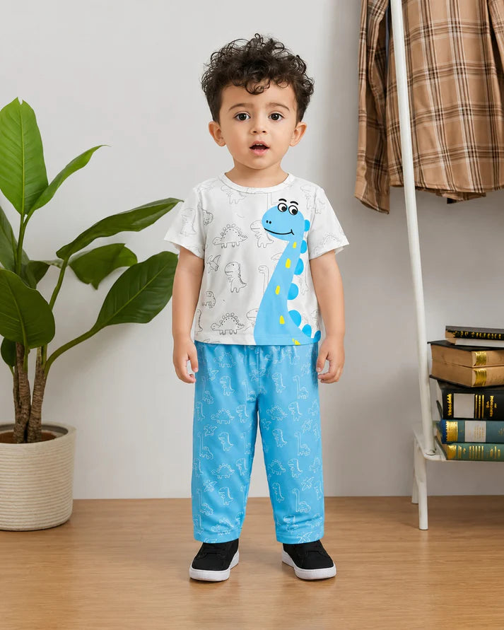 White With Blue Dino Printed Kids Suit