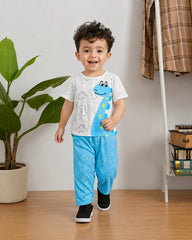 White With Blue Dino Printed Kids Suit